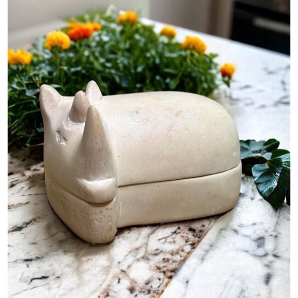 Vintage South African Handmade Carved Rhino Raku Soap Stone Pottery Trinket Box - Picture 1 of 4